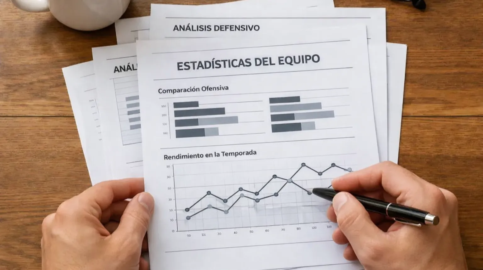 Persona analizando estadísticas de fútbol americano con documentos y gráfico en escritorio