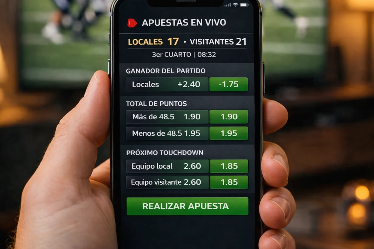 Persona realizando apuestas en vivo desde un teléfono móvil mientras ve un partido de la NFL
