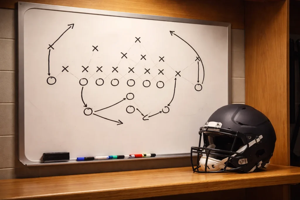 Pizarra táctica de fútbol americano con jugadas dibujadas y casco NFL al lado