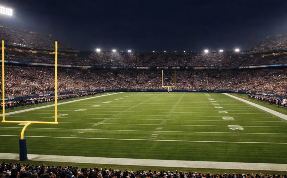 Estadio de fútbol americano iluminado durante un partido nocturno de la NFL