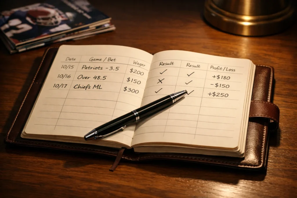 Cuaderno de notas abierto con planificación de apuestas deportivas y bolígrafo