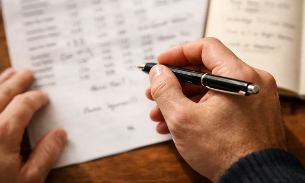 Persona analizando estadísticas de fútbol americano con notas y un bolígrafo