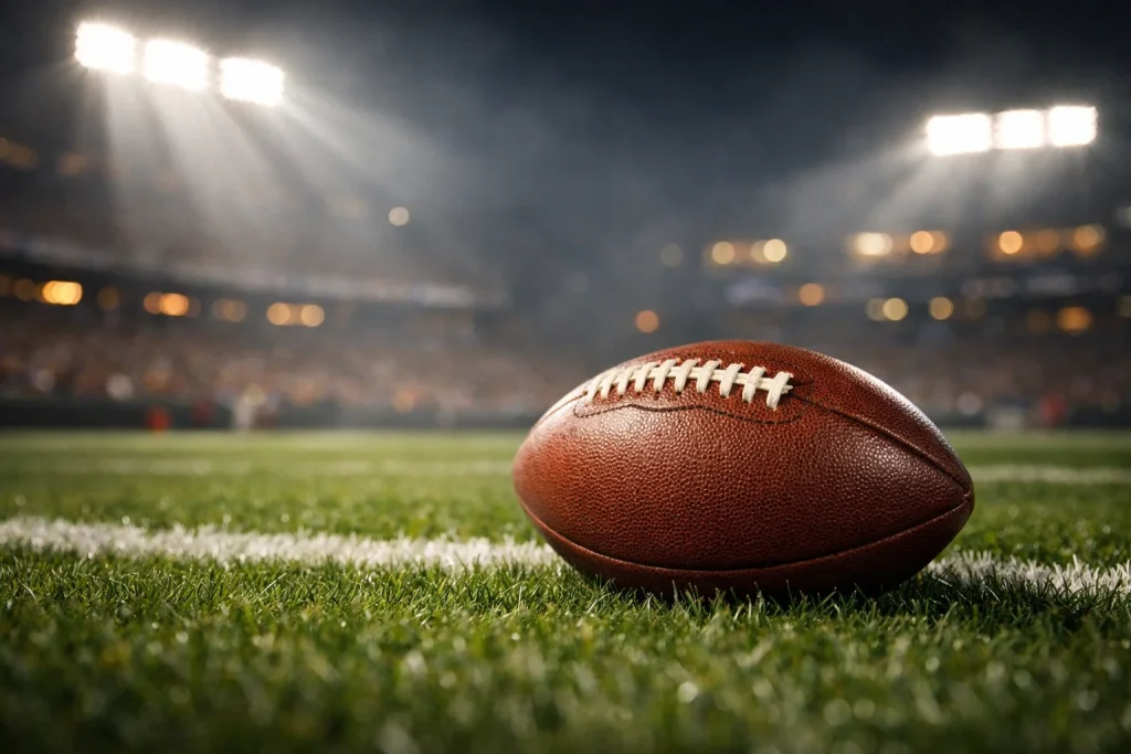 Balón de fútbol americano sobre césped de un estadio NFL iluminado de noche
